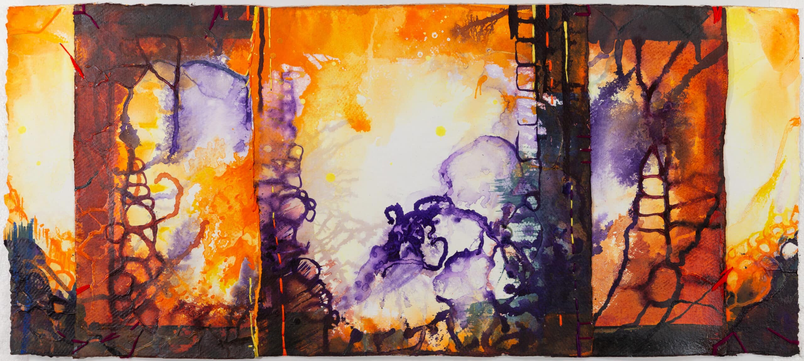 E = MC squared. Acrylic on paper, ripped, sewn. 31x56