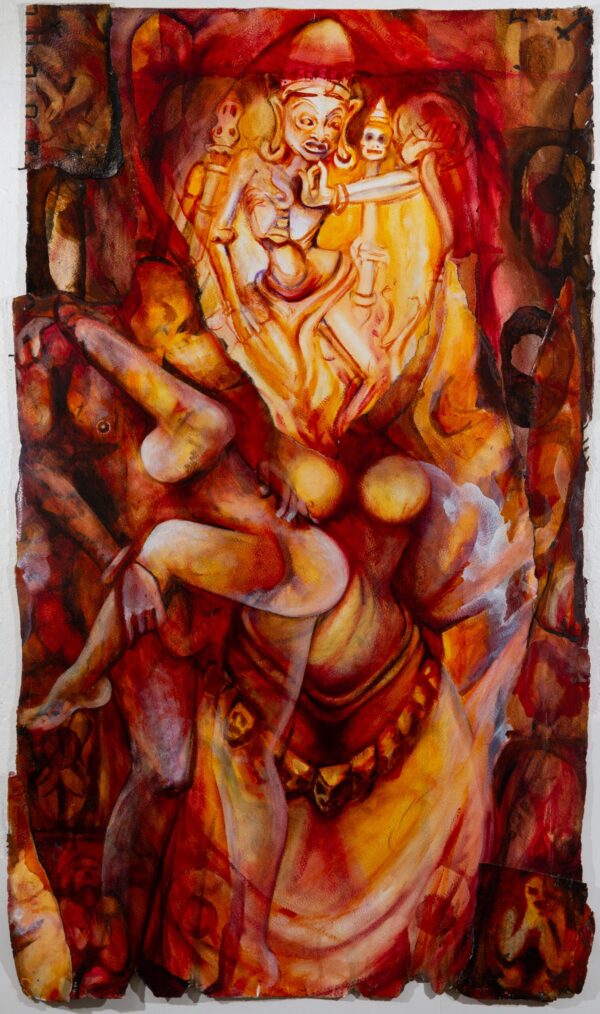 Kundalini. Oil, mixed media, sewn paper. 70x72