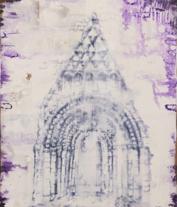 Time's Temple I. Ink, Gesso, sandpaper, acrylic on wood. 30x35