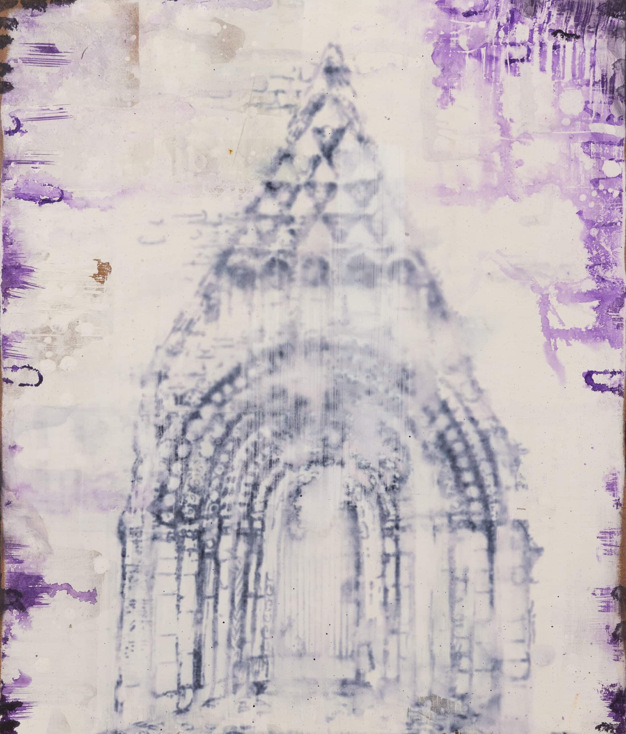 Time's Temple I. Ink, Gesso, sandpaper, acrylic on wood. 30x35