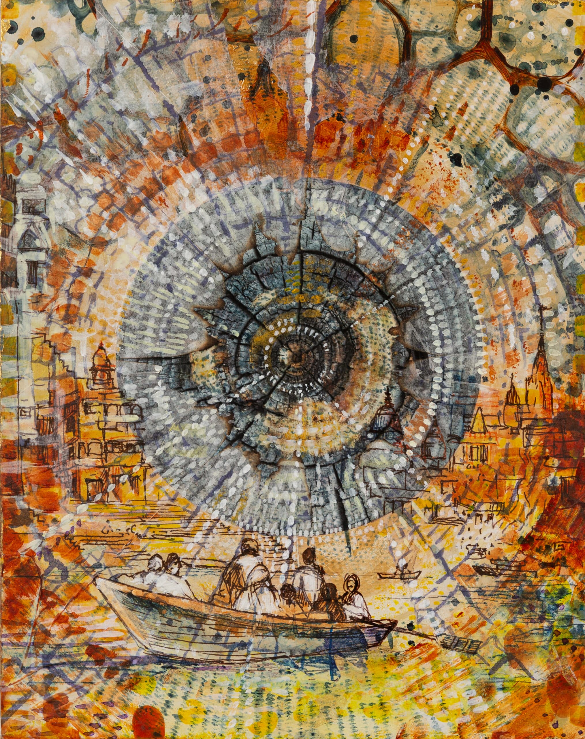 Varanasi arrival. Mixed media on board. 25x32