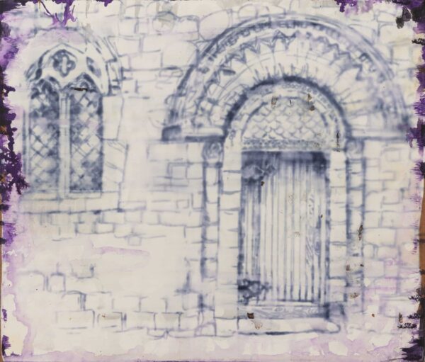 Time's Temple II. Ink, Gesso, sandpaper, acrylic on wood. 30x35