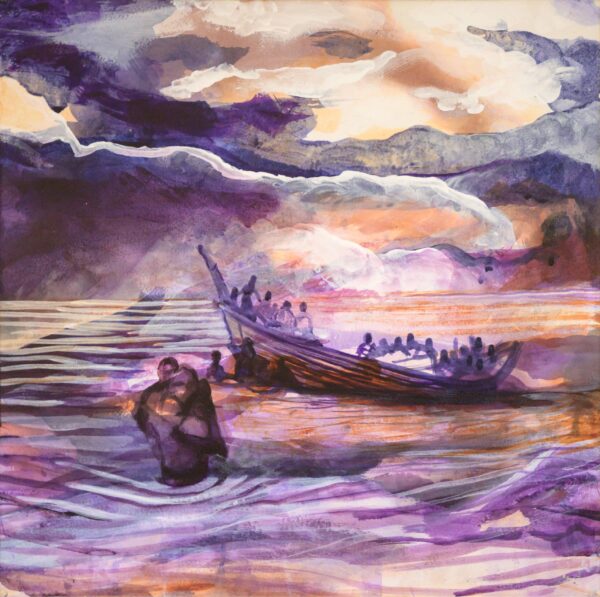 Ashore II . acrylic, ink, gesso on paper, adhered to wood.37x37