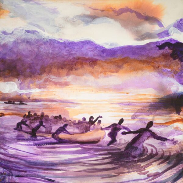 Ashore III. acrylic, ink, gesso on paper, adhered to wood. 37x37