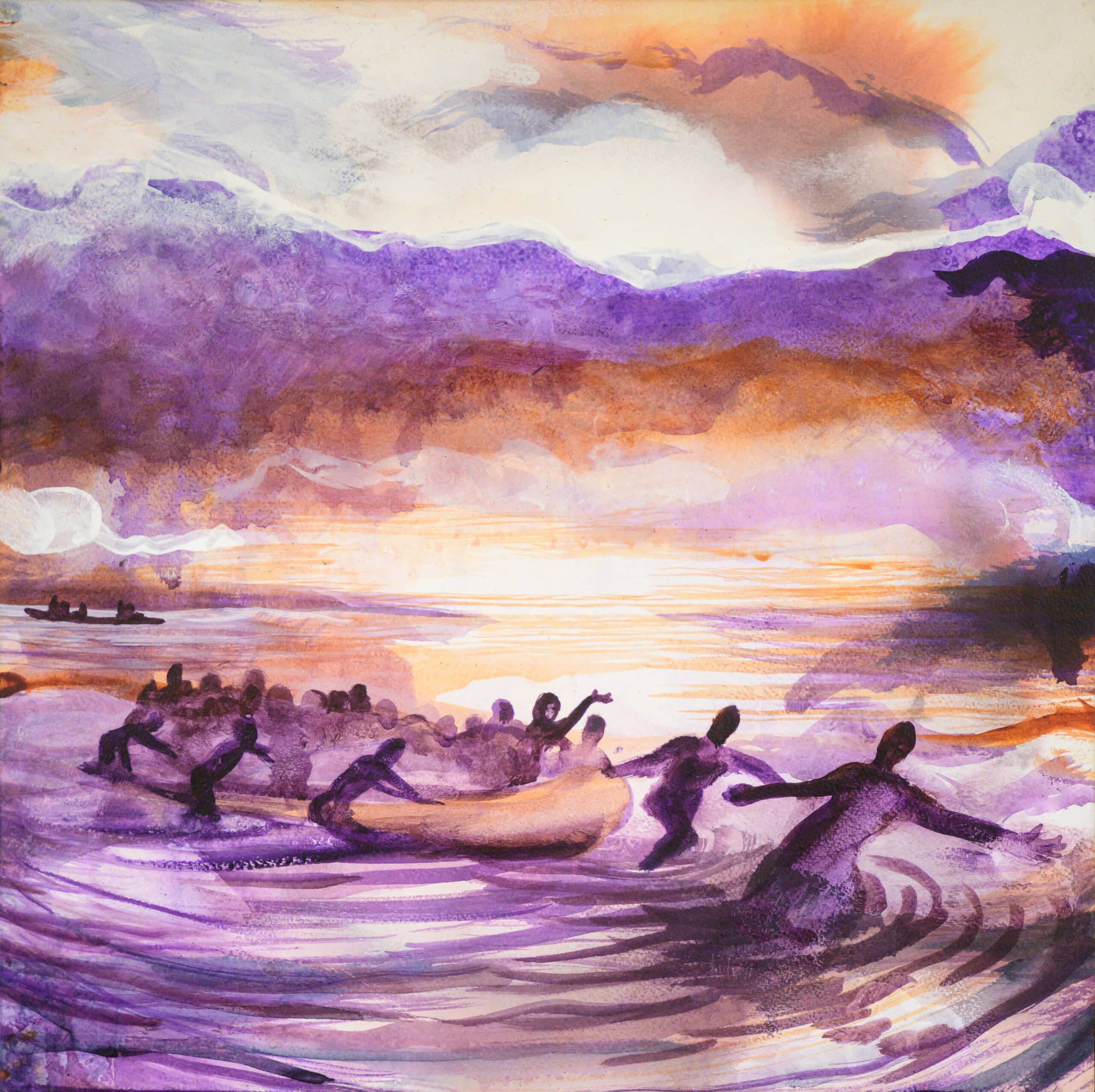 Ashore III. acrylic, ink, gesso on paper, adhered to wood. 37x37