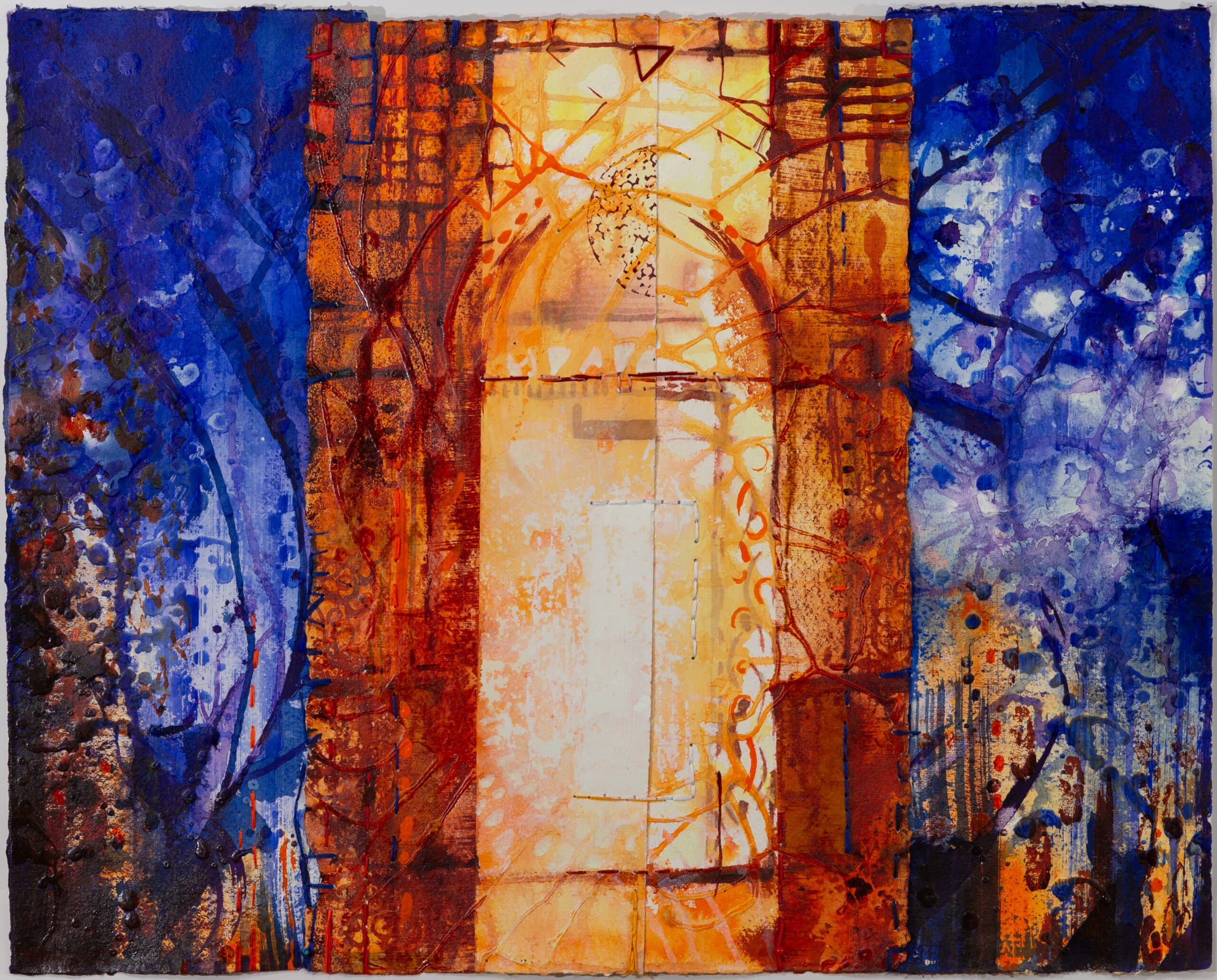 Entrance. Acrylic, ink on paper, ripped and sewn. 42x52