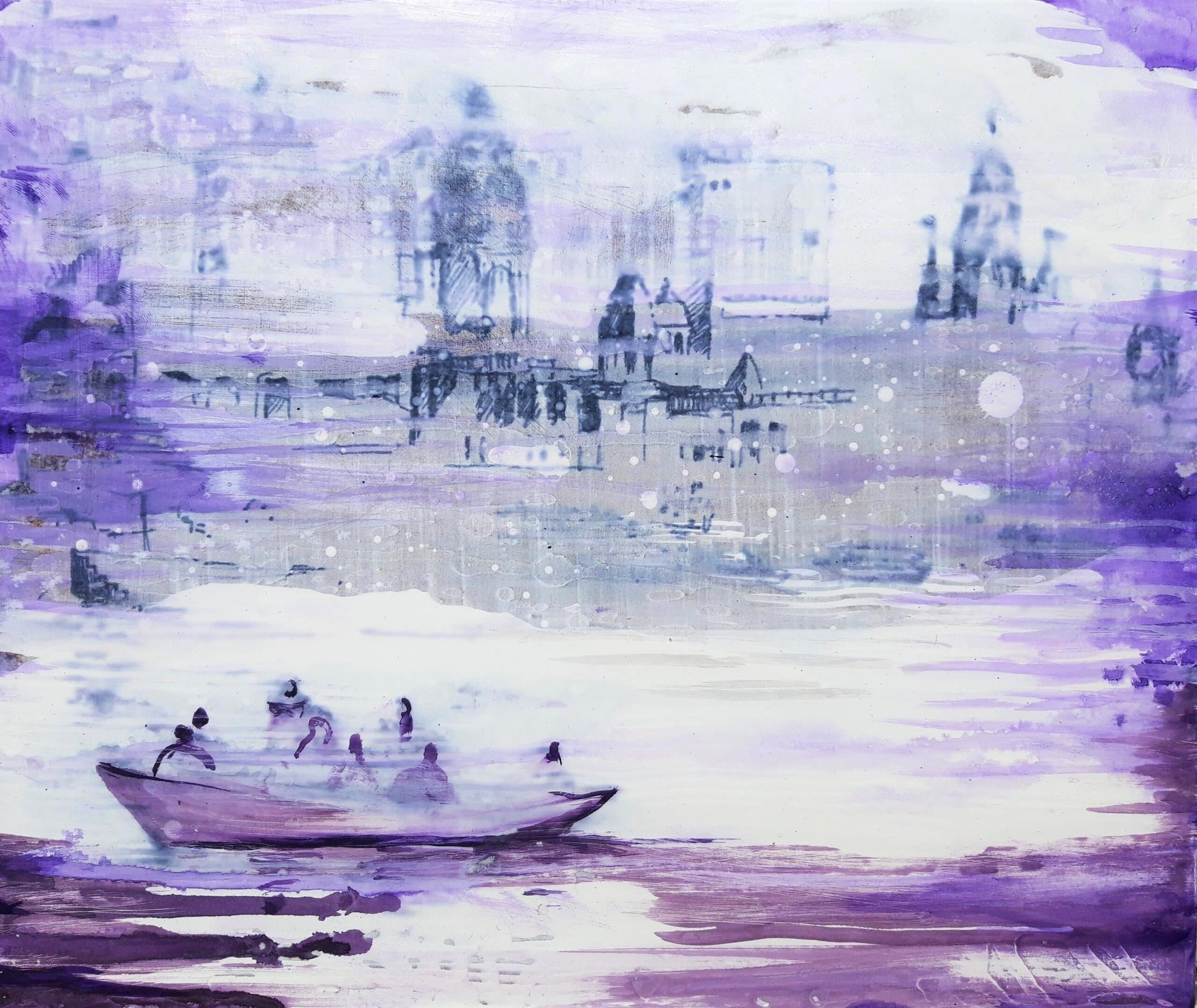 Arrival. Ink, gesso, acrylic on board. 30x35