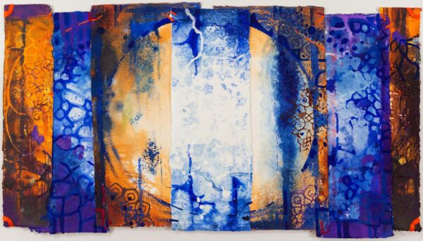 Pieces of Center. Acrylic on paper, ripped, sewn. 32x56