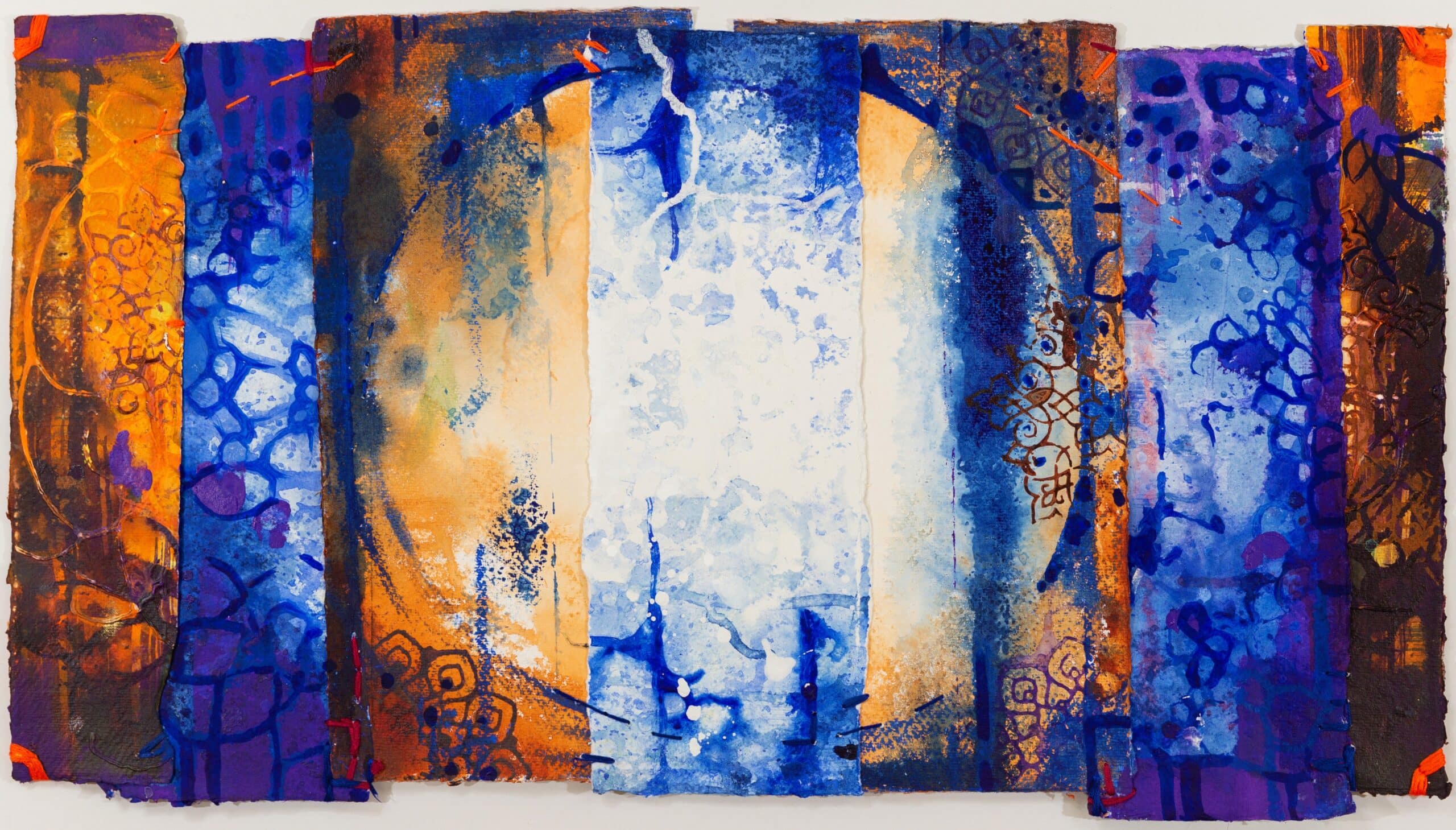 Pieces of Center. Acrylic on paper, ripped, sewn. 32x56