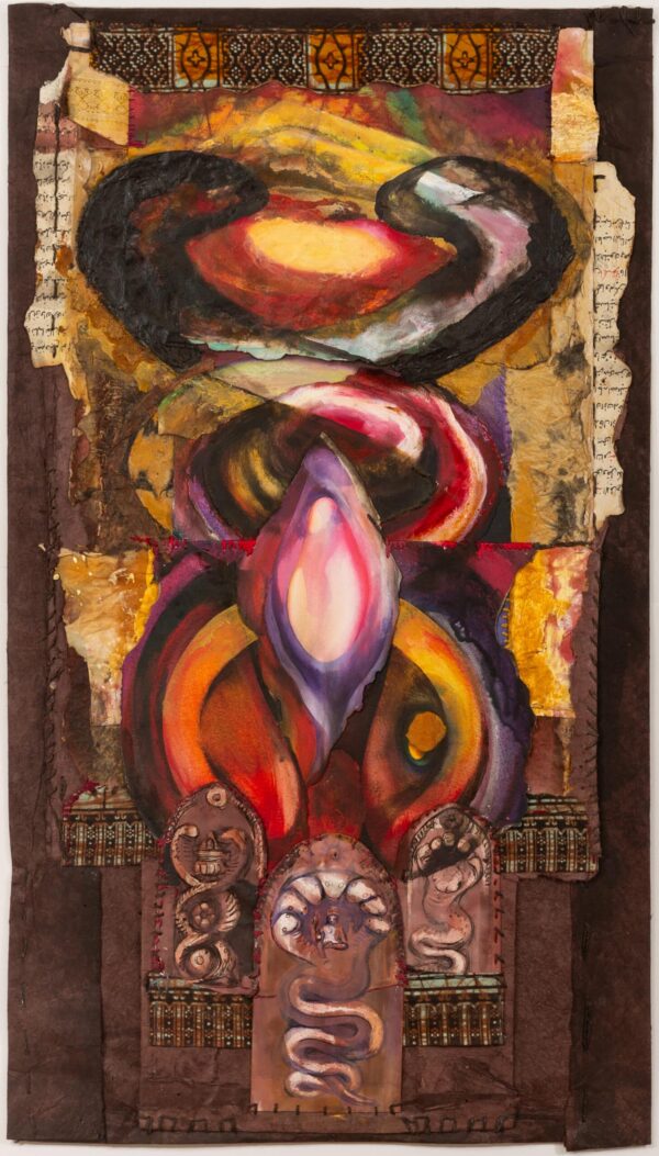 Snake Spirit. Oil on paper, cloth, ink, sewing. size