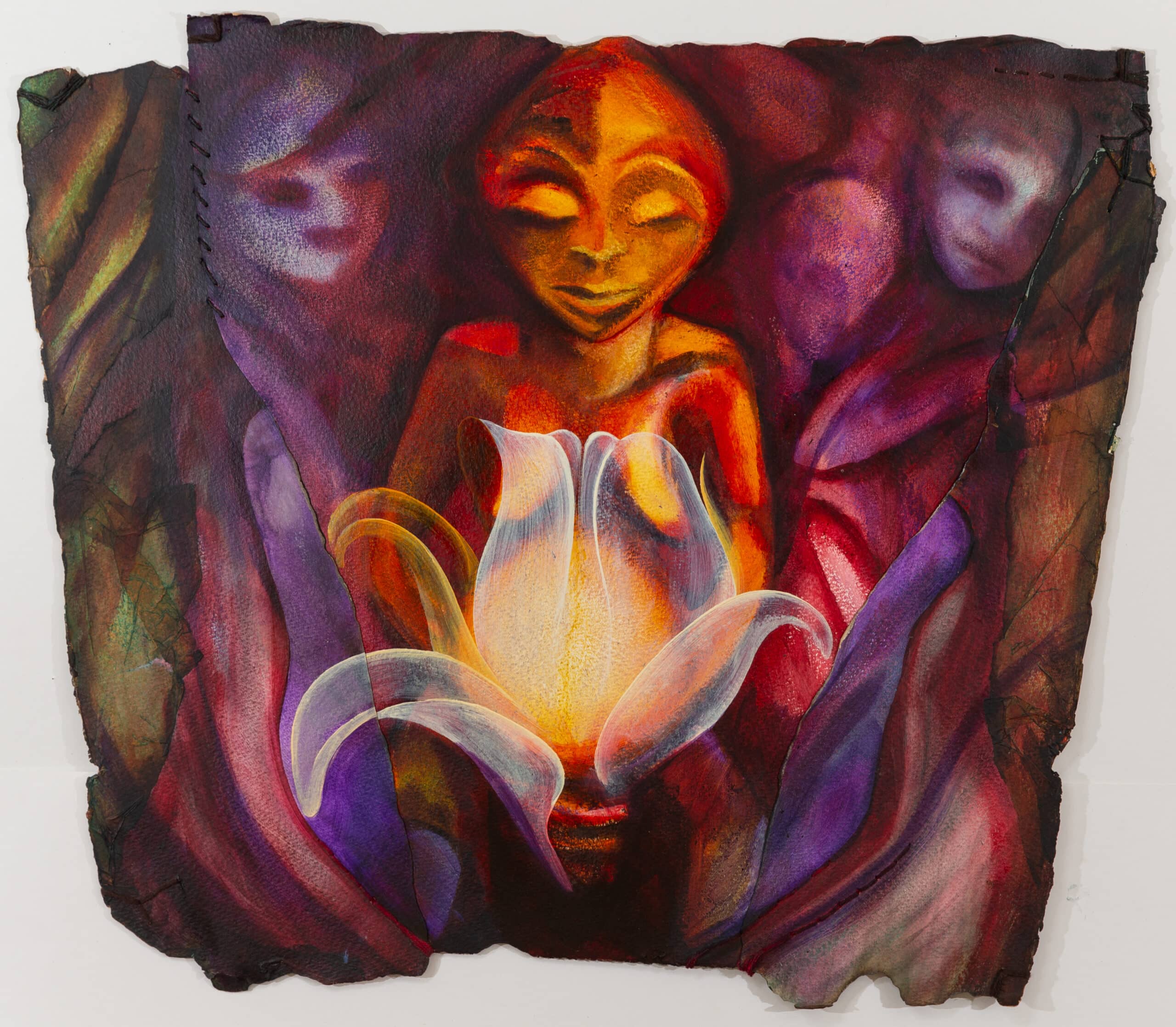 Lotus Spirit. Oil on paper, torn, burnt, sewn. size