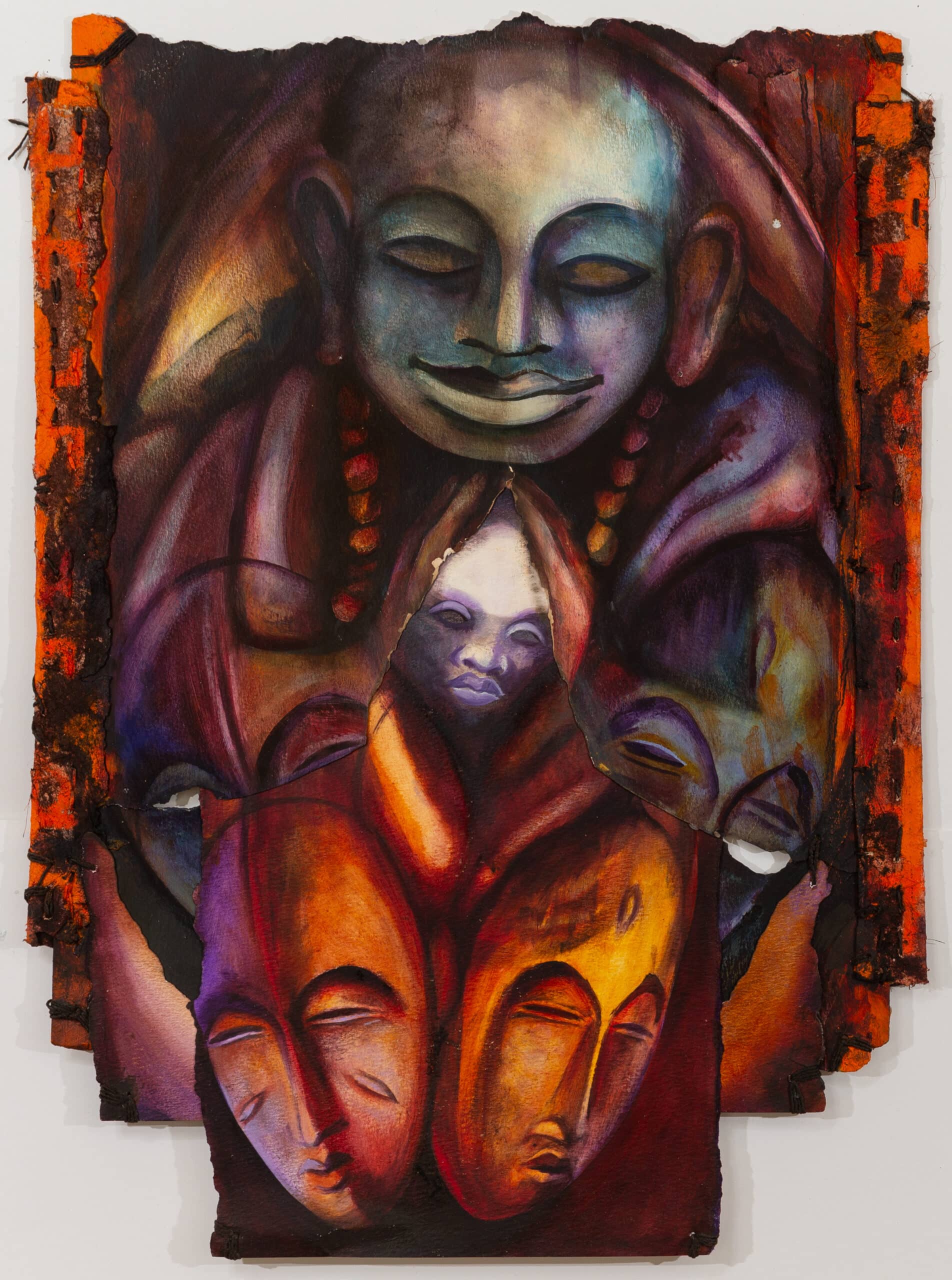 Mask Spirits. Oil on paper, torn, burnt, sewn. 41x58