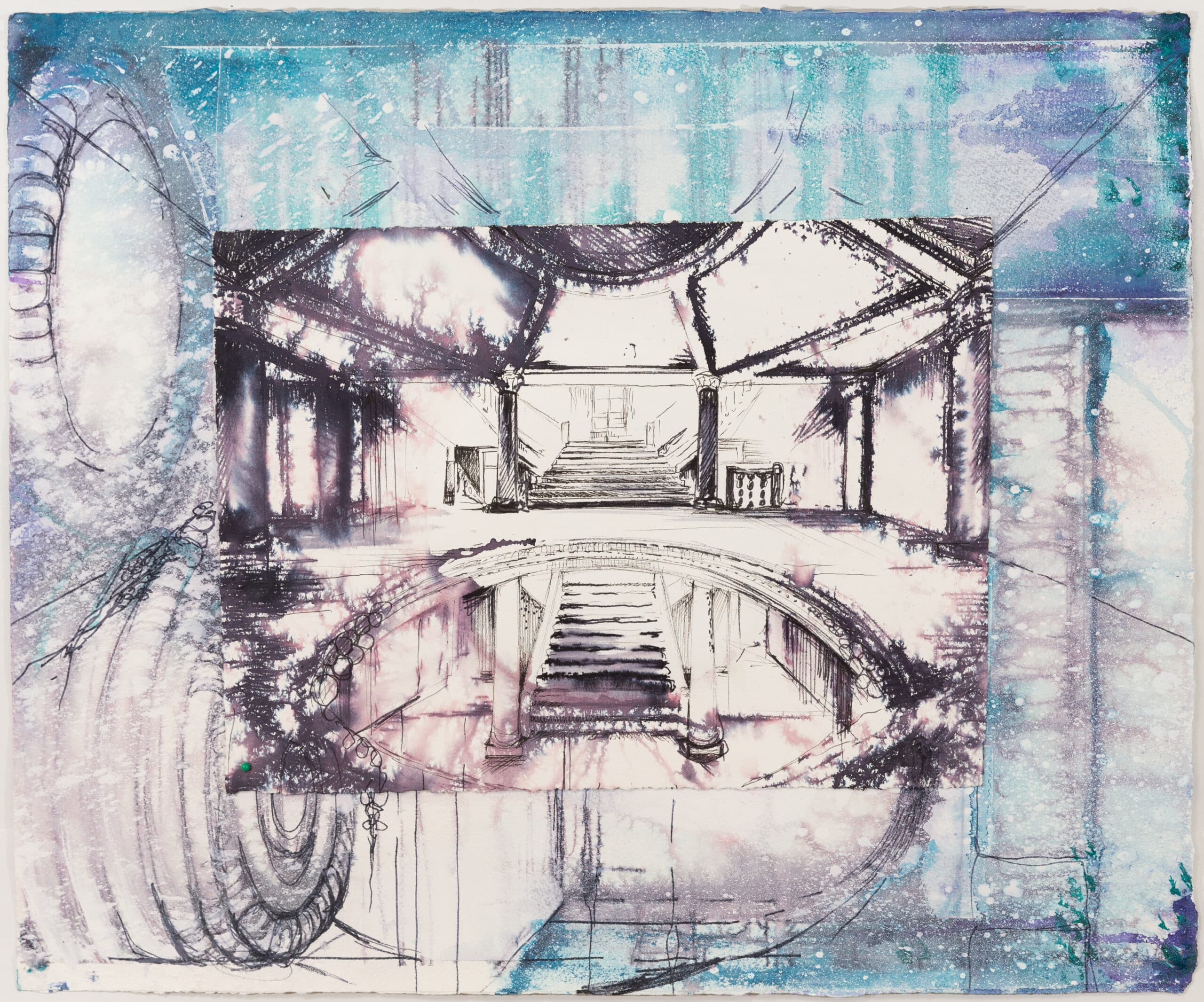 Falling Through. Ink on paper, collage, acrylic, sewing