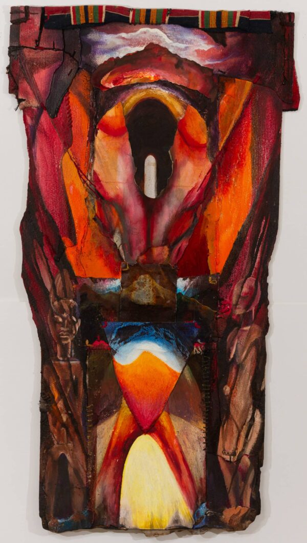 Arunachala Shiva. Mixed media, metal, burn, sewn. 38x68
